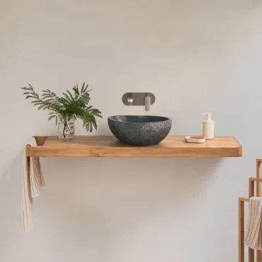 Zestaw Mebli Łazienkowych 130x45 Cm Wiszący Z Drewna Tekowego Neill Drewno Tekowe & Nieregularna Z Czarnego Cementu - Sklum