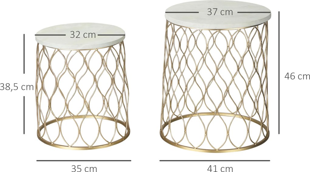 Outsunny okrągłe stoliki kawowe w komplecie 2 retro kosz druciany złoty+biały Ø41 x 46 cm