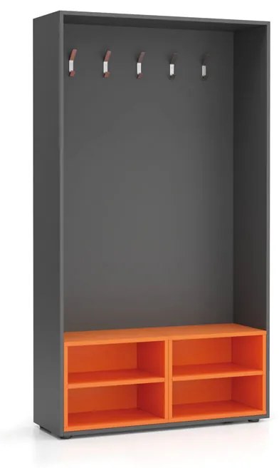 Wieszak ścienny BORDER z półką na buty, 5 haczyków, grafit/pomarańczowa