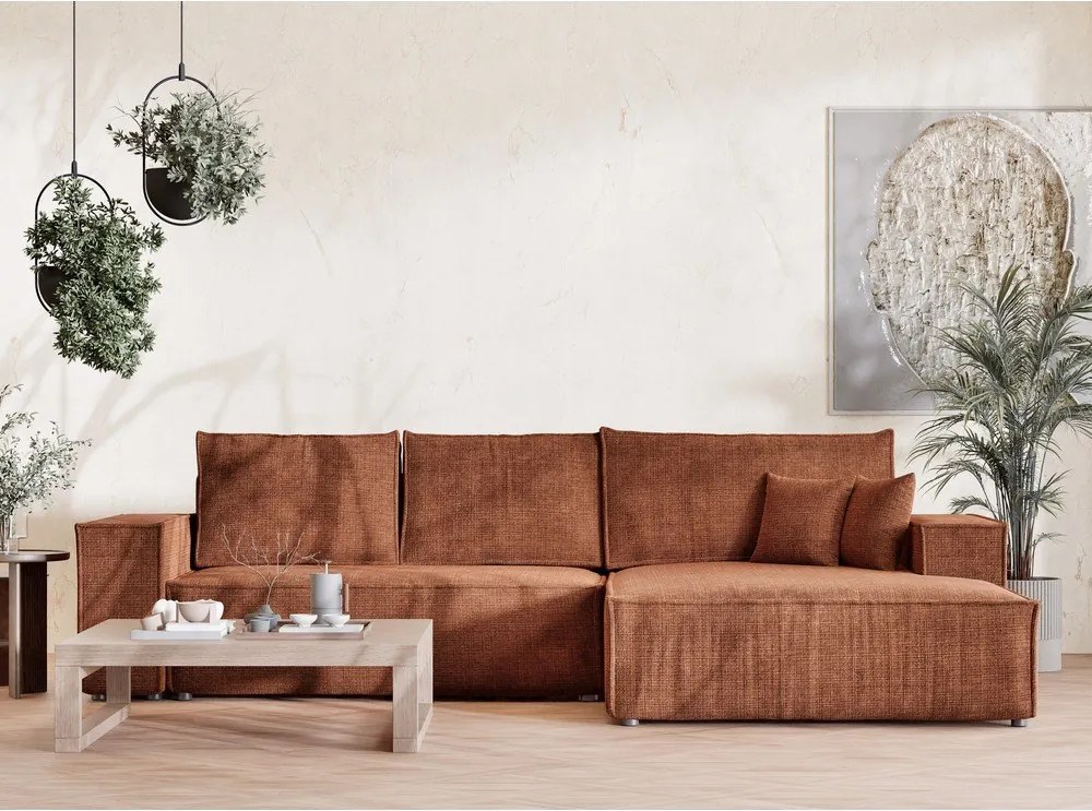 Rozkładany narożnik ze schowkiem z tkaniny szenilowej (prawostronny/z szezlongiem) w kolorze miedzi Maze – Maison de Rêve