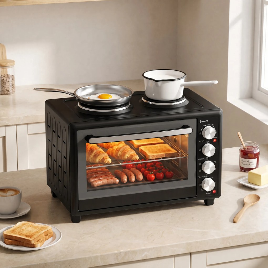 HOMCOM 36 l mini piekarnik z 2 płytami grzewczymi, elektryczny piekarnik stołowy z termoobiegiem, 90–230 °C | Aosom PL