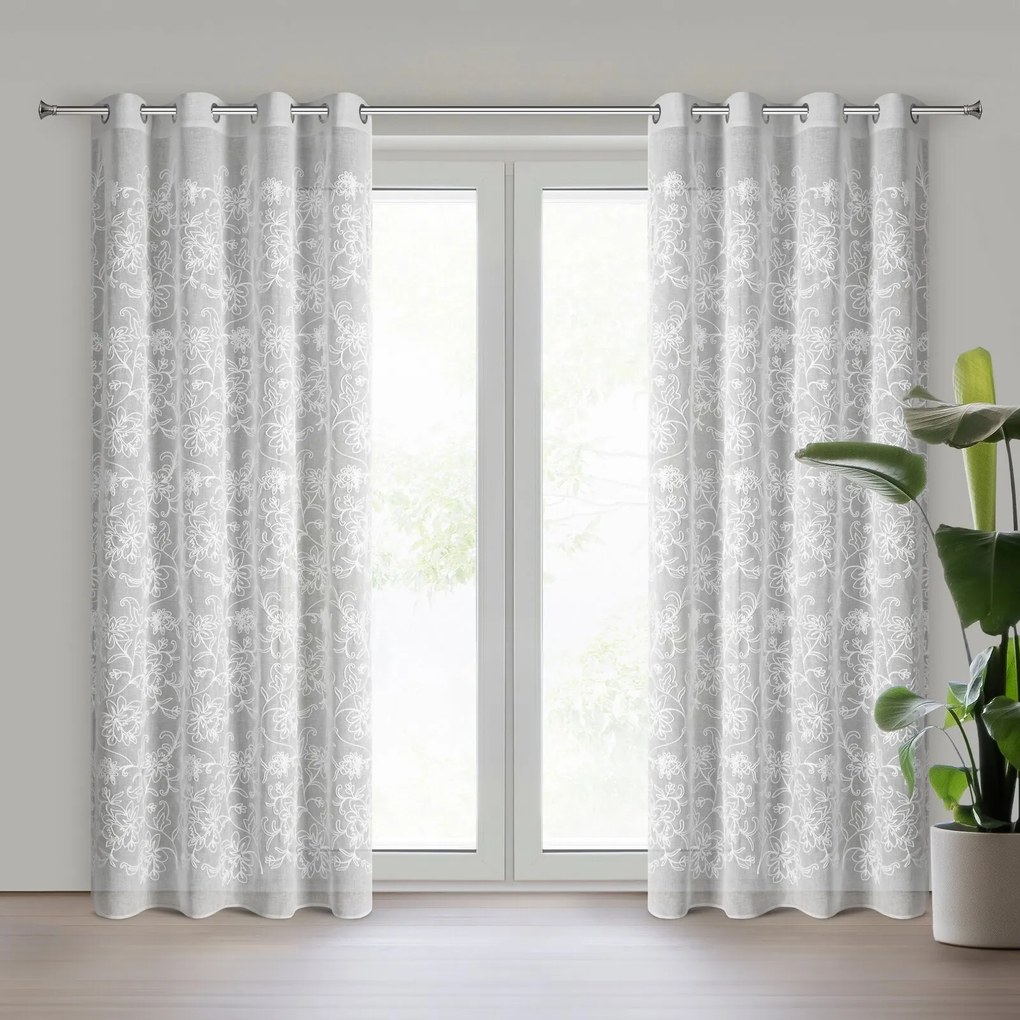 Elegancka biała zasłona Lily 140x250 cm z kwiecistym haftem