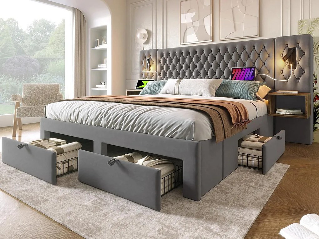 Łóżko dwuosobowe z weluru 160x200 cm - z 2 szafkami nocnymi i 4 szufladami - 2 lampki do czytania z gniazdem USB - Szare (materac nie wchodzi w skład zestawu)