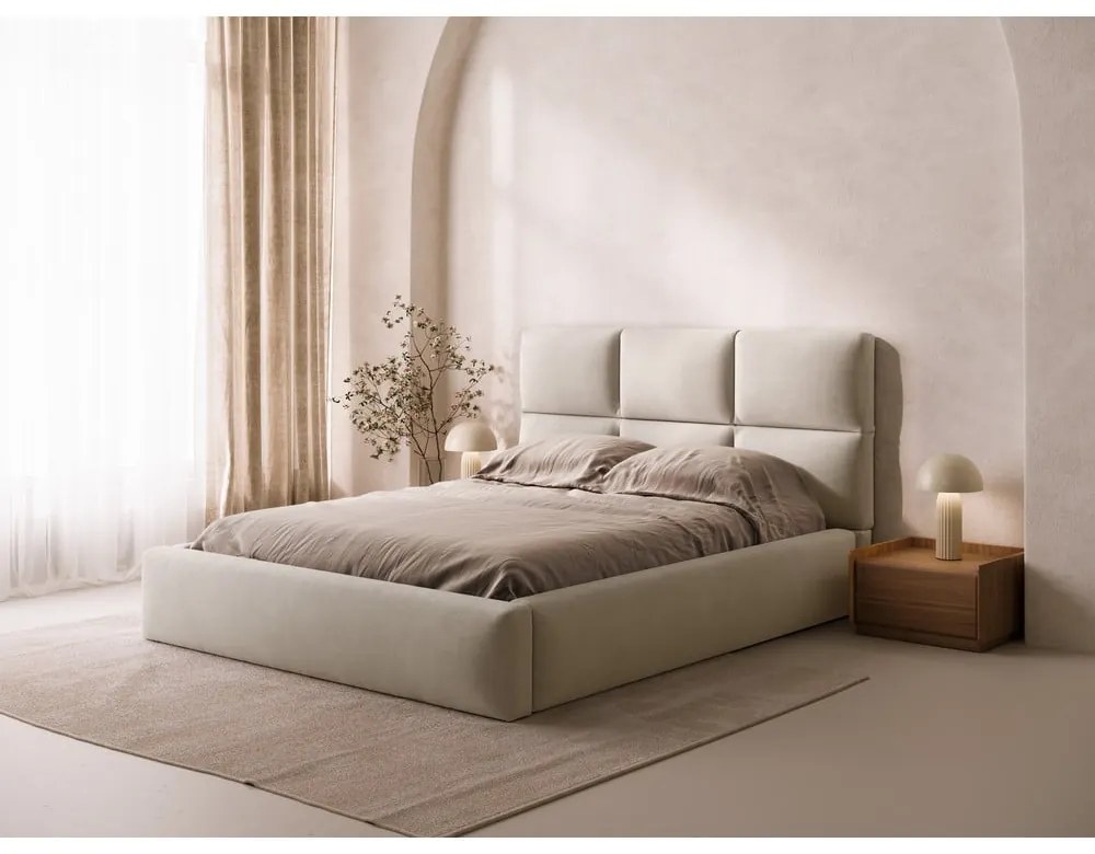 Beżowe tapicerowane łóżko dwuosobowe ze schowkiem ze stelażem 160x200 cm Libera – Windsor &amp; Co Sofas