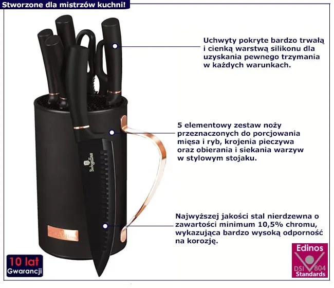 Czarny komplet noży kuchennych w bloku E9-H86