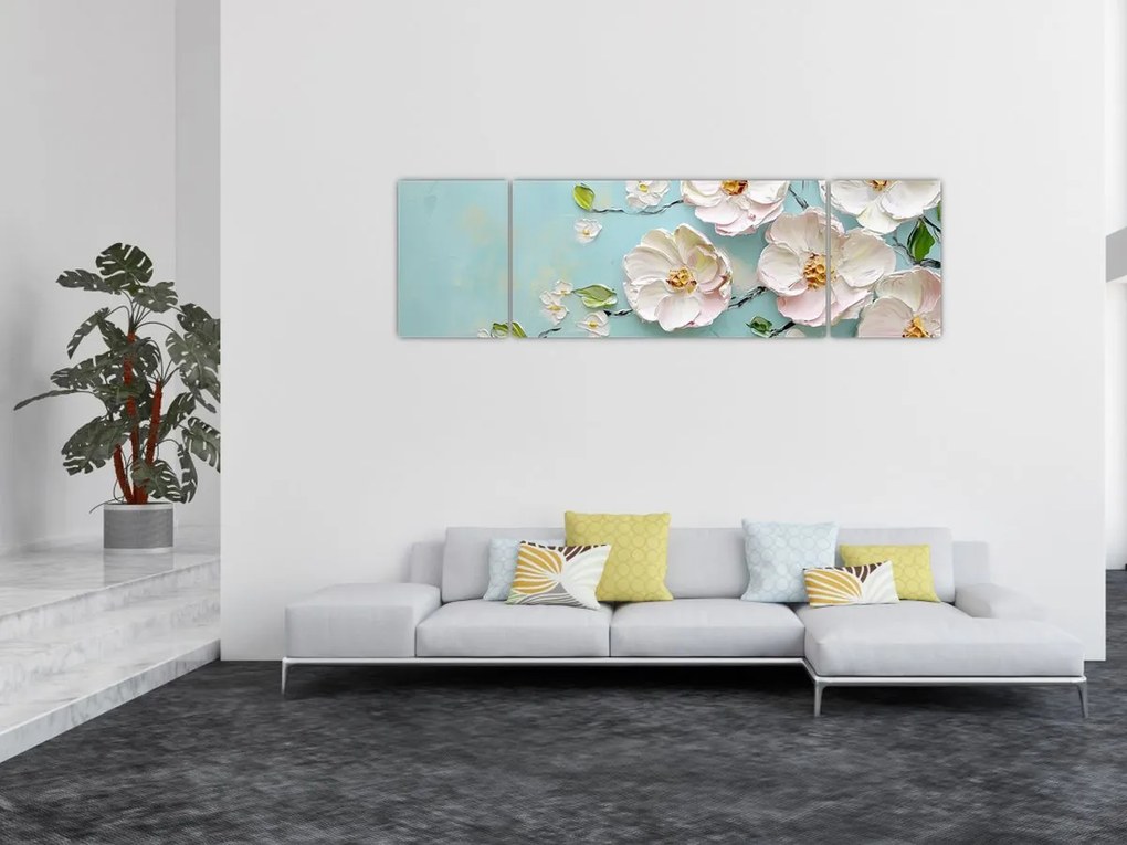 Obraz - Kwiatki na niebieskim tle (170x50 cm)