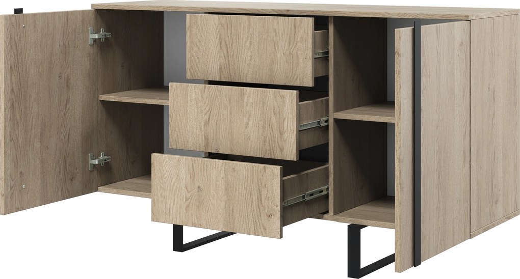 Komoda Verica 150 cm dwudrzwiowa z szufladami - dąb biszkoptowy / czarne nóżki