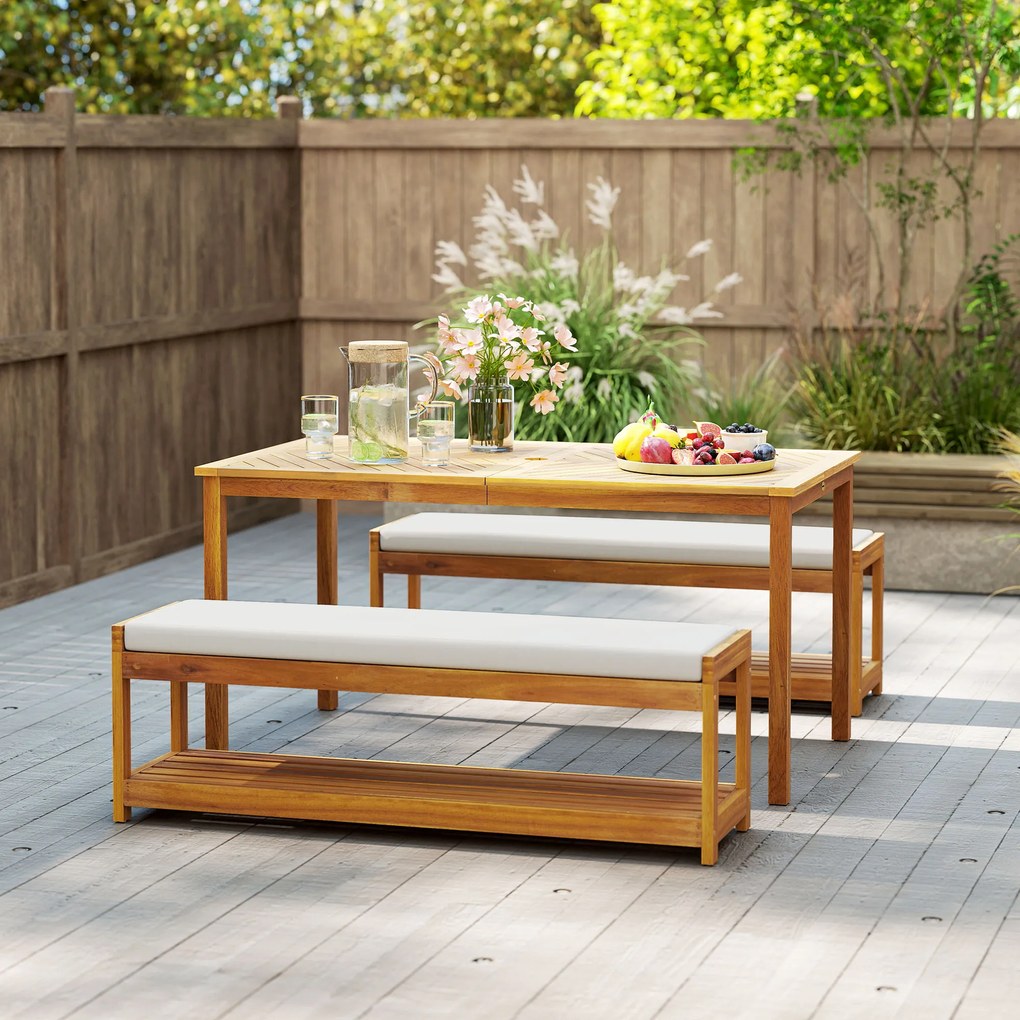 Outsunny Zestaw mebli ogrodowych 3 elem., Siedzisko z 1 stołem z otworem na parasol i 2 ławkami 150 x 85 x 75 cm Teak