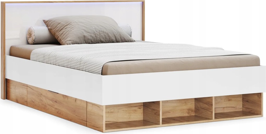 Łóżko 120x200 z szufladami i oświetleniem LED Asti 132, dąb craft/biały połysk