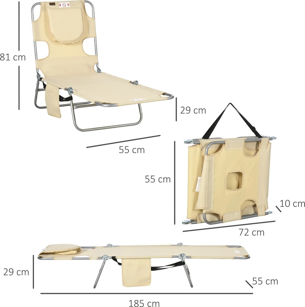 Outsunny Leżak ogrodowy, fotel z wyściełanym otworem na twarz, leżanka do masażu na zewnątrz, kieszeń boczna, tkanina, metal, Beżowy | Aosom PL