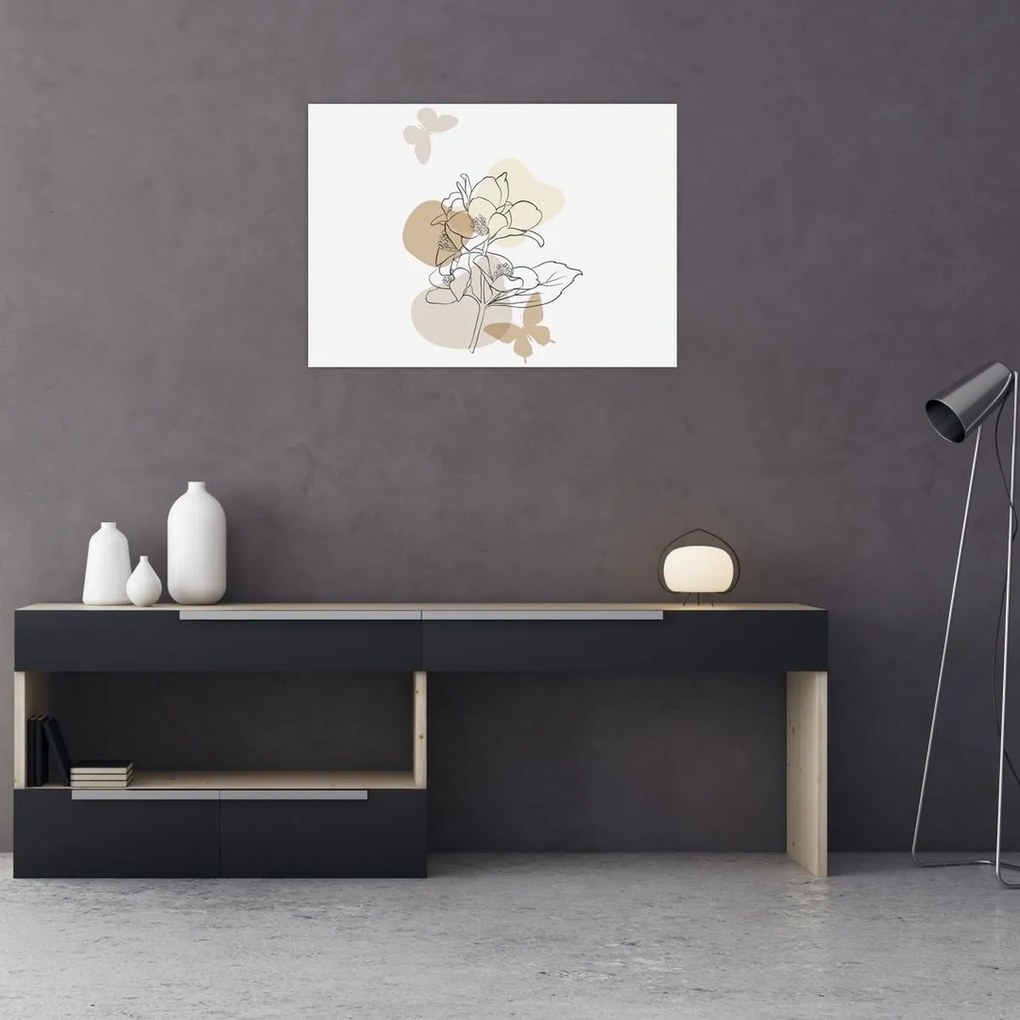 Obraz - Beżowe kwiaty z motylem N⁰1 (70x50 cm)