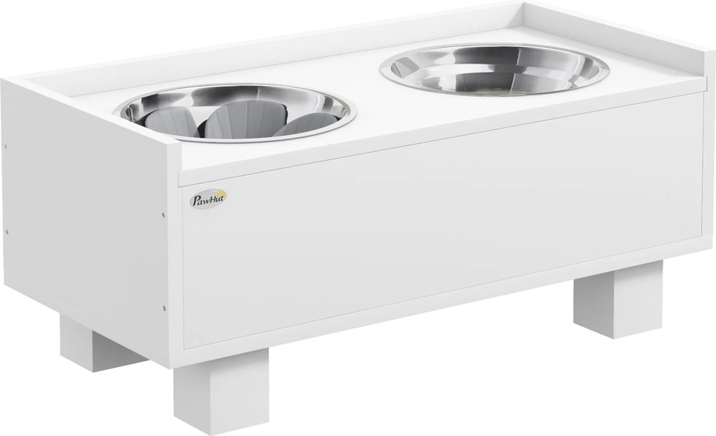 PawHut Podwyższona Stacja Karmienia dla Psów, z Wyjmowaną Matą Antypołykania, 2 Miski Aluminiowe, Schowek, Biały