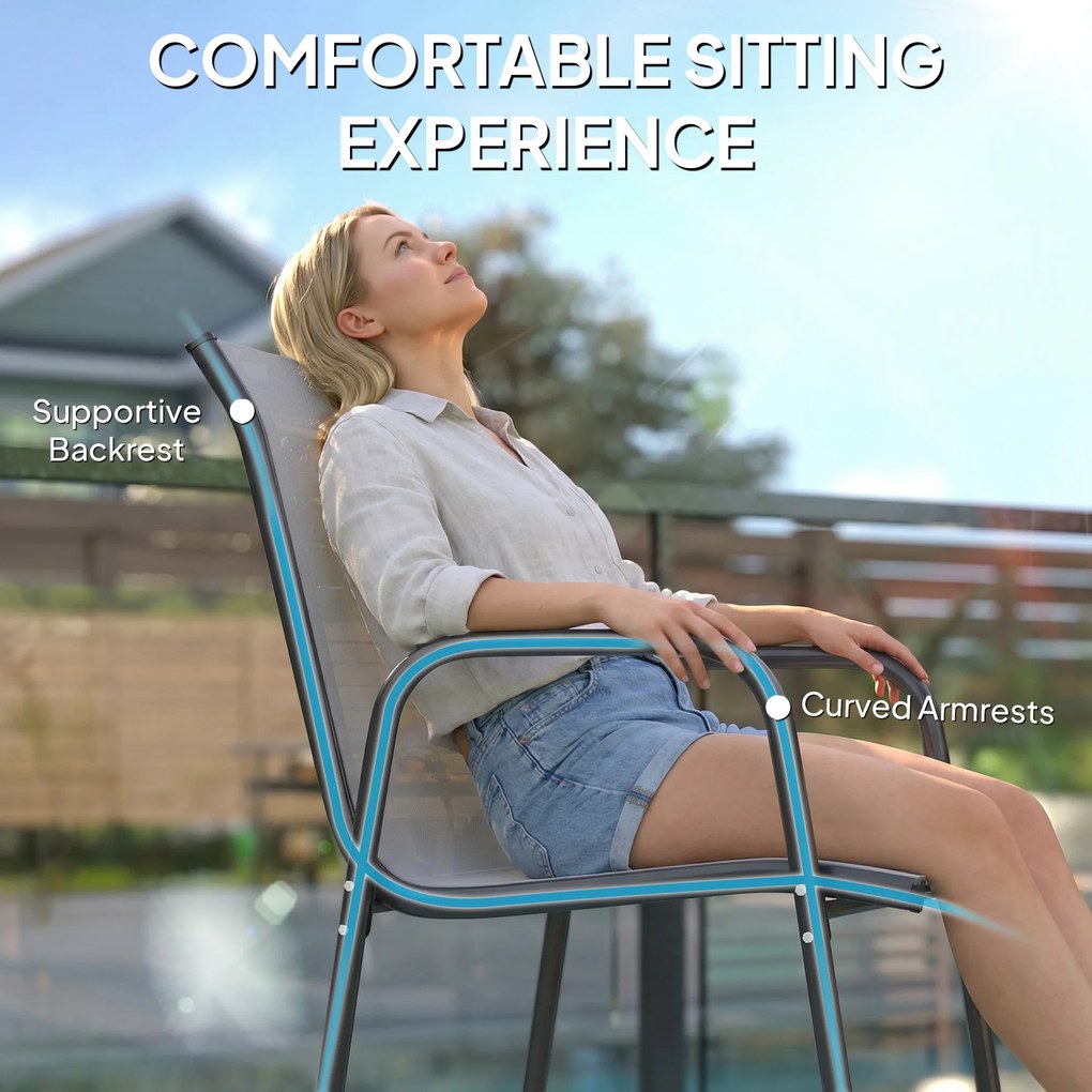 Outsunny Krzesła Ogrodowe 4 szt. – Sztaplowane Krzesła Tarasowe z Oddychającym Oparciem i Podłokietnikami, Maks. Obciążenie 120 kg | Aosom PL