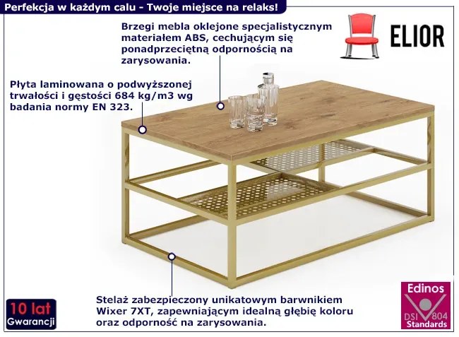 Dwupoziomowa ława z metalowym stelażem dąb lancelot + złoty - Hila 3X