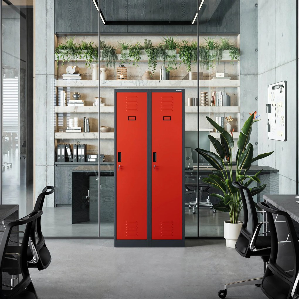 Szafka ubraniowa BHP antracytowo-czerwona: czterokomorowa KACPER, 800 x 1800 x 500 mm