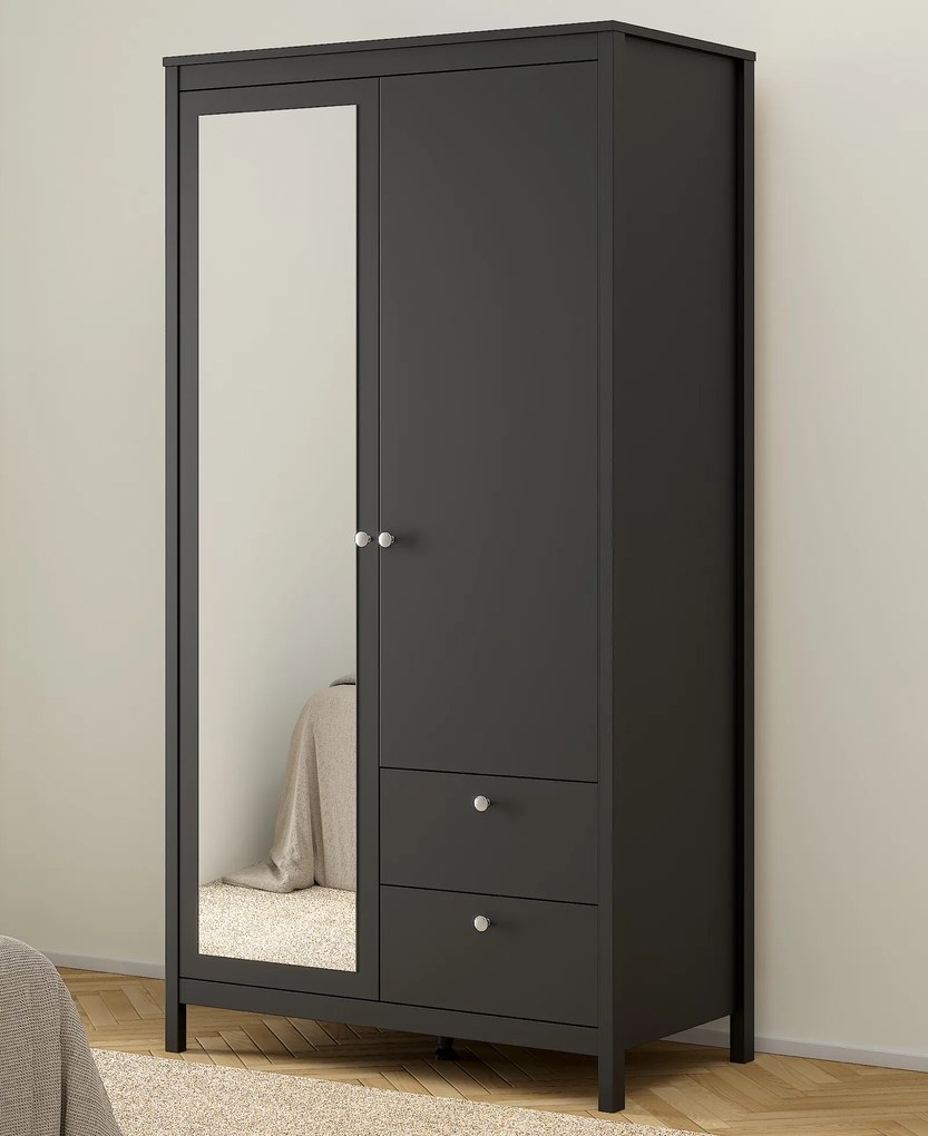 Dwudrzwiowa szafa z lustrem i szufladami Madrid, czarny mat