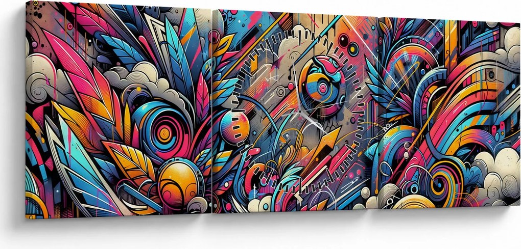 Obraz - Kolorowe graffiti (z zegarem) (90x30 cm)