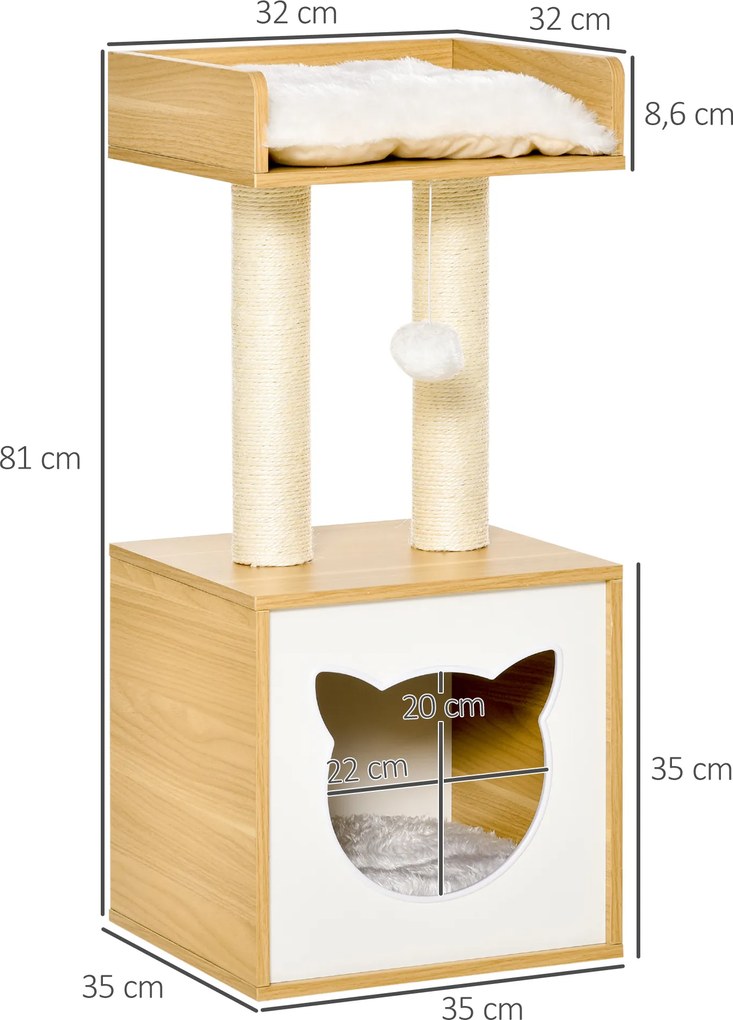PawHut Cat House Zabawka Pet Ball Zdejmowany Aksamitny Poliester Sizal Dąb 35x35x81cm | Aosom PL