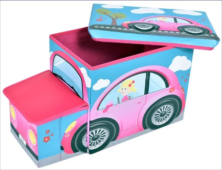 Różowa pufa autko z podwójnym schowkiem na zabawki L0-B14