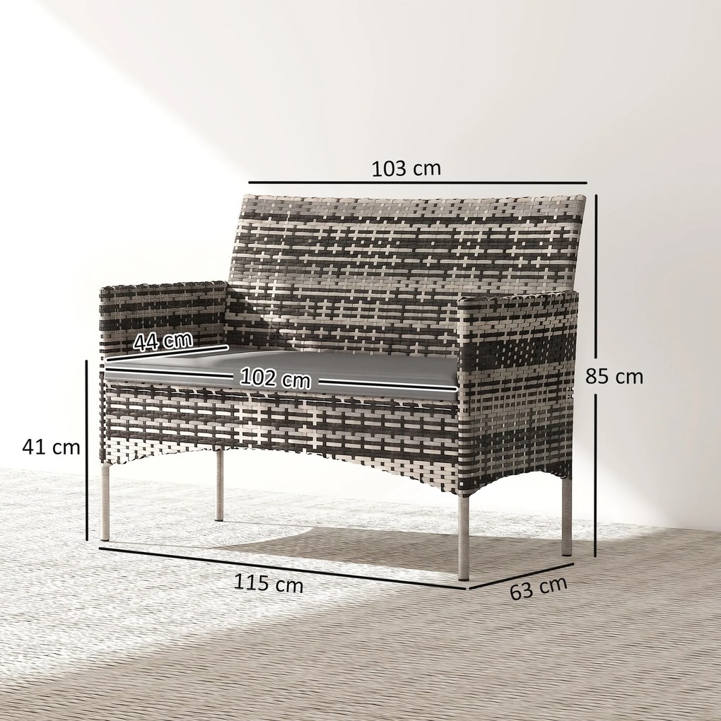 Outsunny 2-osobowa sofa rattanowa na taras z poduszką, antypoślizgowe maty, stalowa rama, jasnoszara | Aosom PL