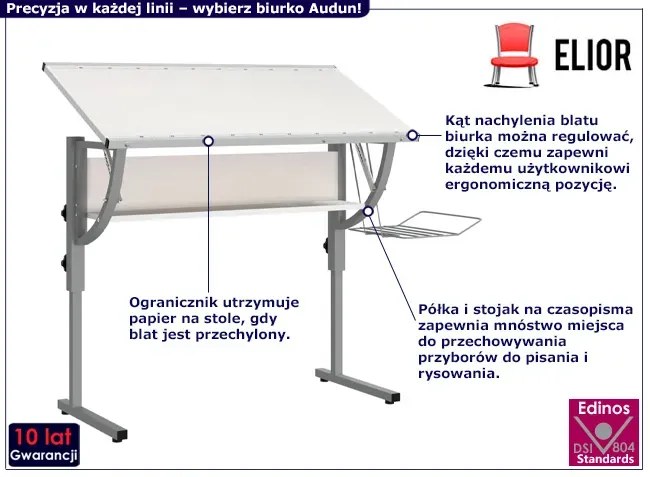 Biało-szare metalowe biurko kreślarskie podnoszone - Audun