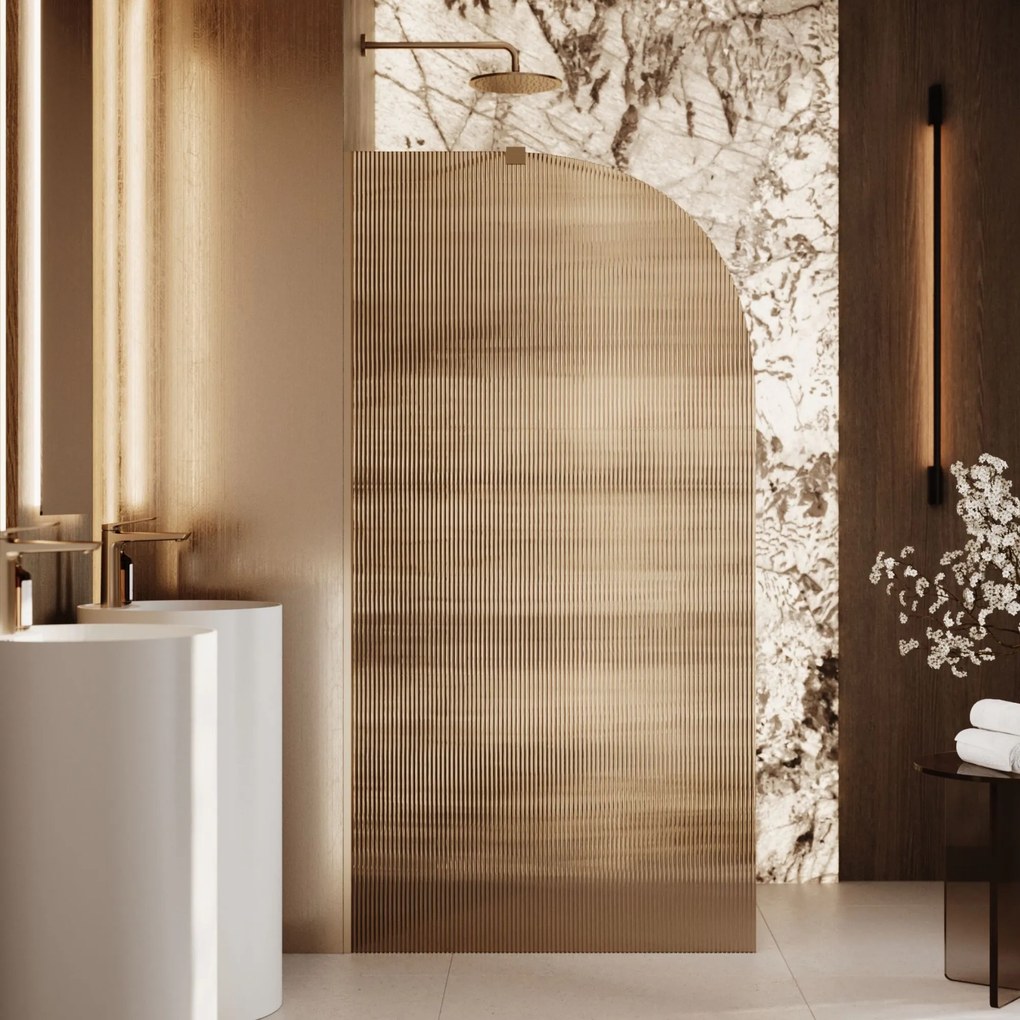 Ścianka prysznicowa WALK IN FIX brązowa półokrągła ryflowana 8mm ARTE WELLE Brown Moon MASSI | Różne rozmiary : Kolor profili kabiny - czarny, Szerokość ścianki - 110 cm , Typ montażu - WALK in FIX (Do ściany)