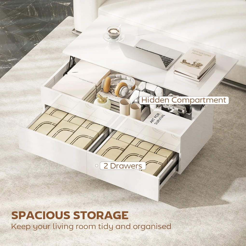 HOMCOM Stolik kawowy regulowany, nowoczesny stolik do salonu z ukrytym schowkiem i 2 szufladami, biały wysoki połysk | Aosom PL