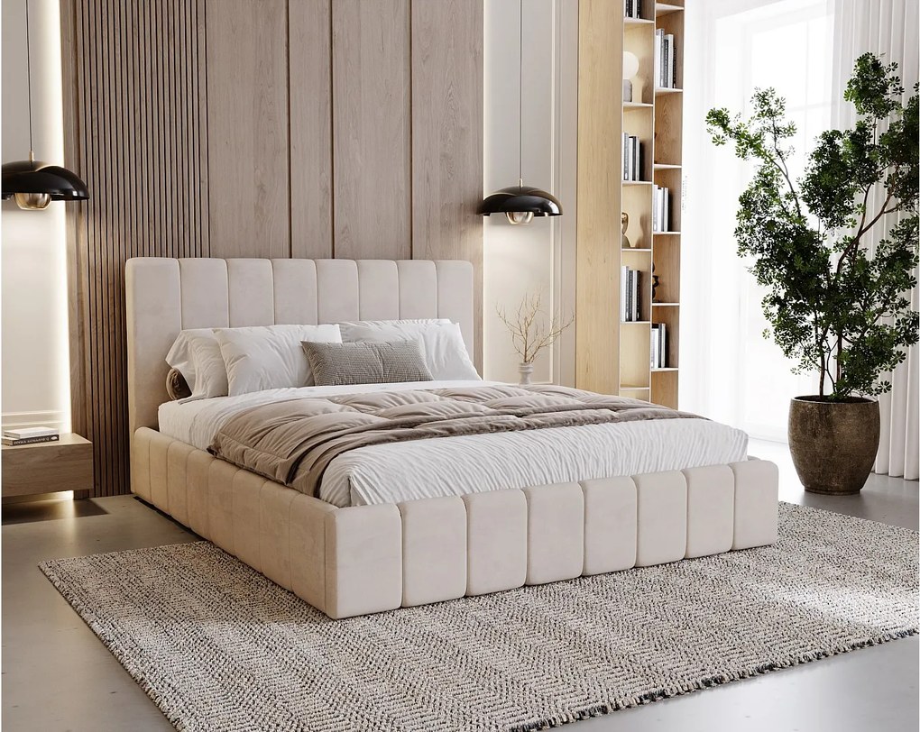 BESILIO Tapicerowane łóżko slim 180x200 Lexy - stelaż metalowy, pojemnik na pościel, slim łóżko, tkanina velurowa - Beżowy