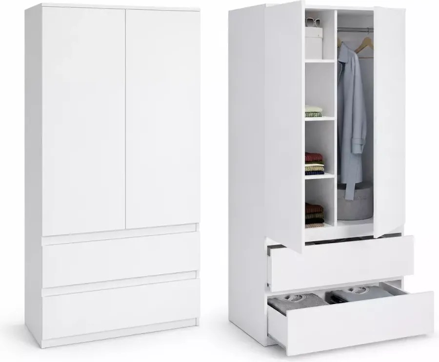 Szafa Asmara 90 cm biała – szafa z półkami, drążkiem i szufladami do sypialni