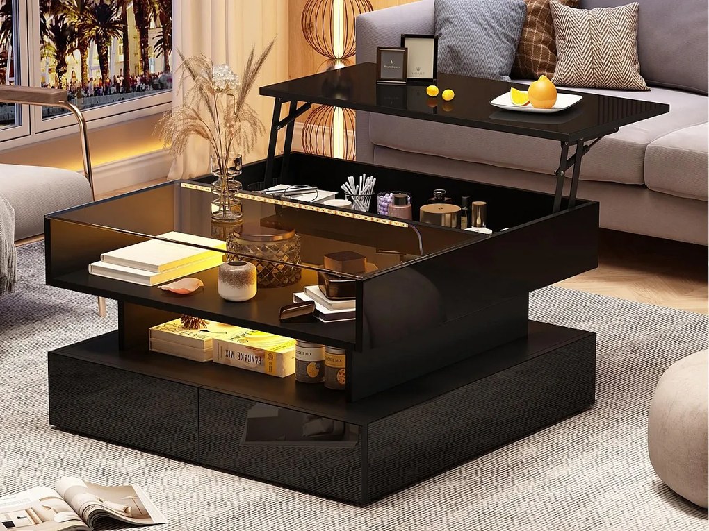 Stolik kawowy podnoszony 80x80x45 cm - 2 szuflady - z LED - Błyszczące wykończenie - Szkło hartowane - Czarny