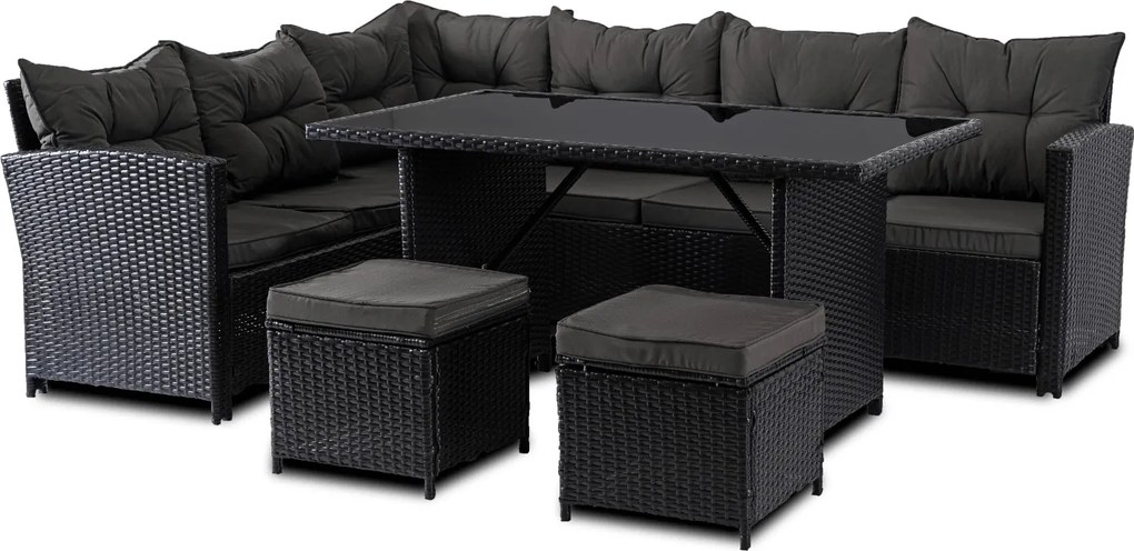 Zestaw mebli ogrodowych Dallas - narożnik, pufy i stół obiadowy, czarny/ciemnoszary