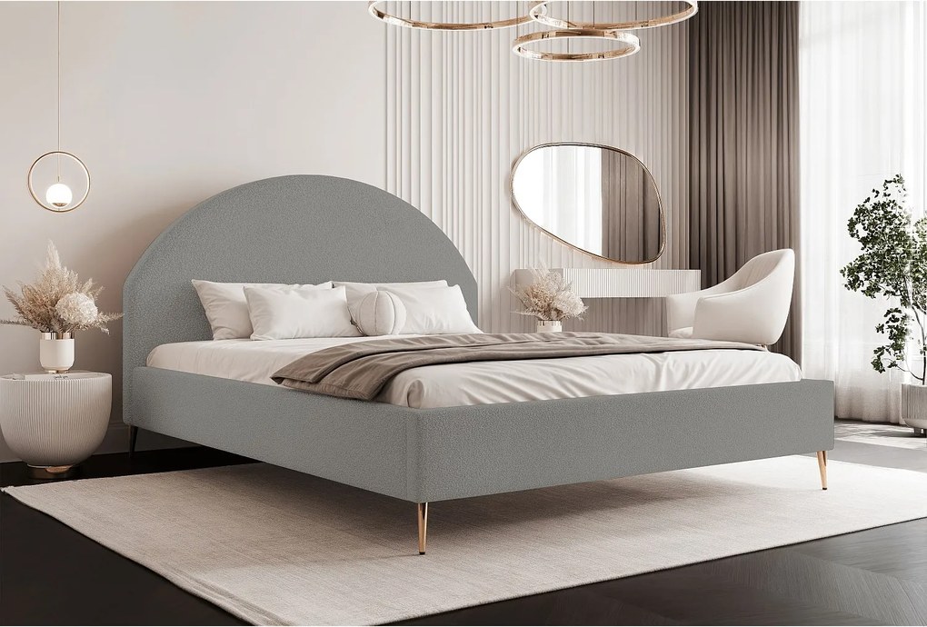 BESILIO Łóżko tapicerowane Boucle 180x200 Velora II - stelaż listwowy, wezgłowie, pojemnik, łóżko slim, wysokie złote nogi - Jasnoszary
