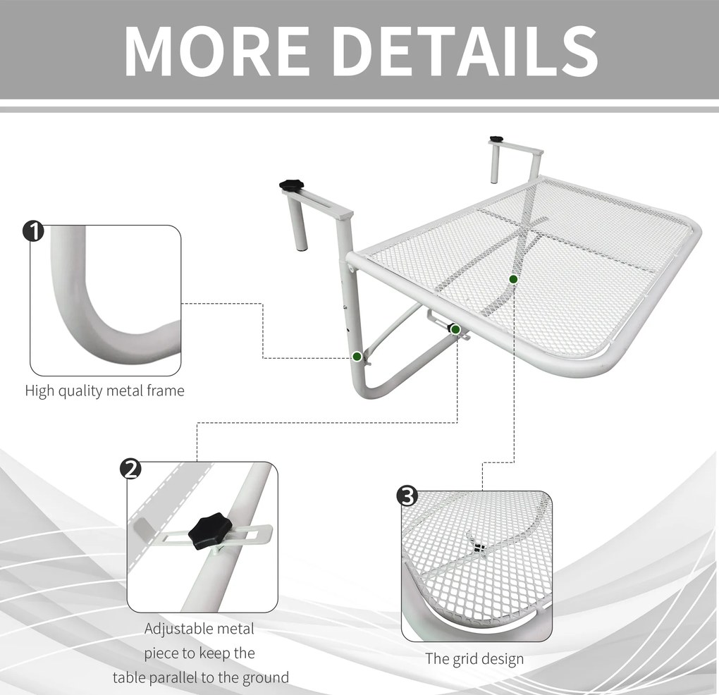 Outsunny Stół Wiszący Balkonowy Kwadratowy Regulowana Wysokość Metalowy Biały 60x565x45cm | Aosom PL