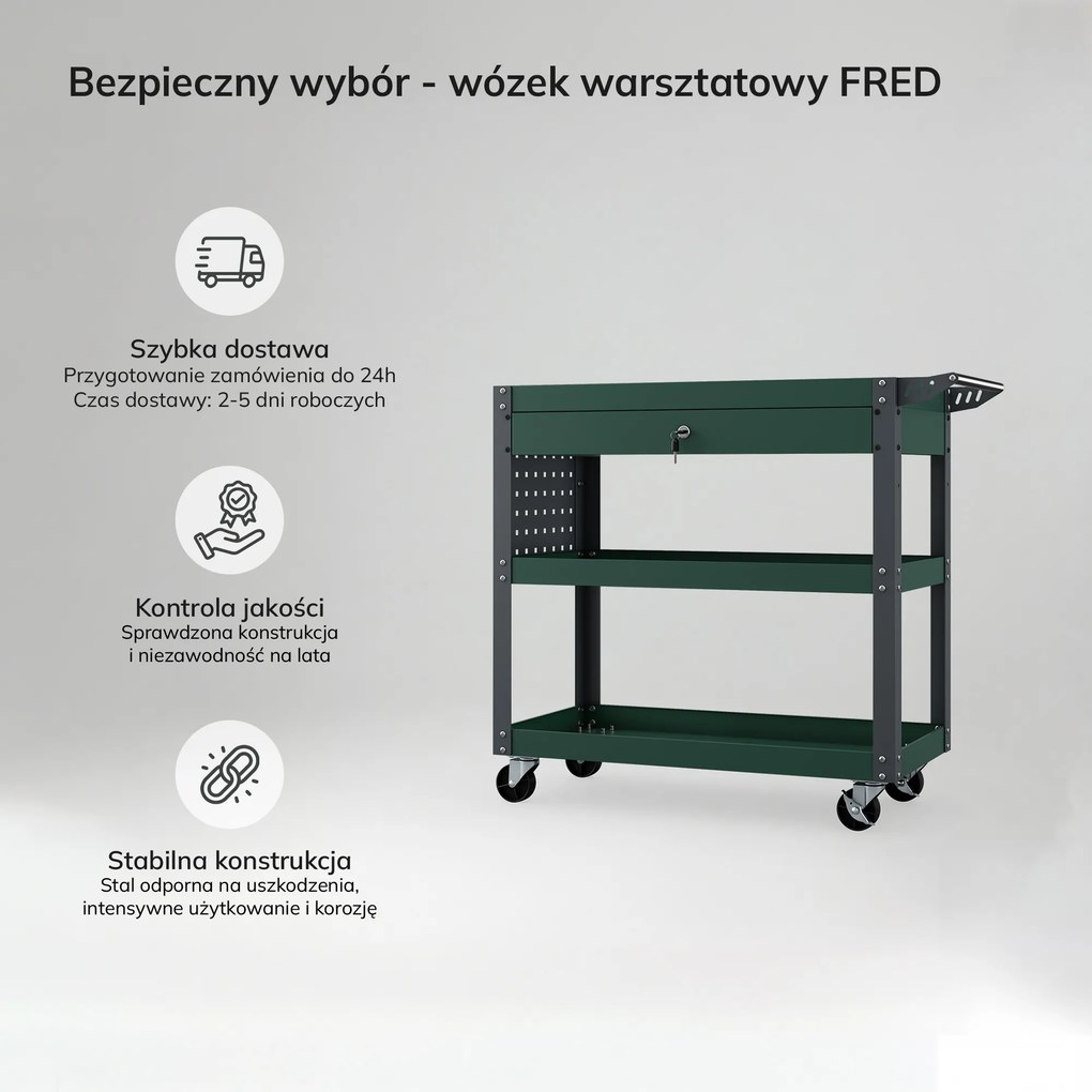 Wózek narzędziowy warsztatowy z szufladą, na kółkach, butelkowa zieleń, 800x800x380 mm: FRED