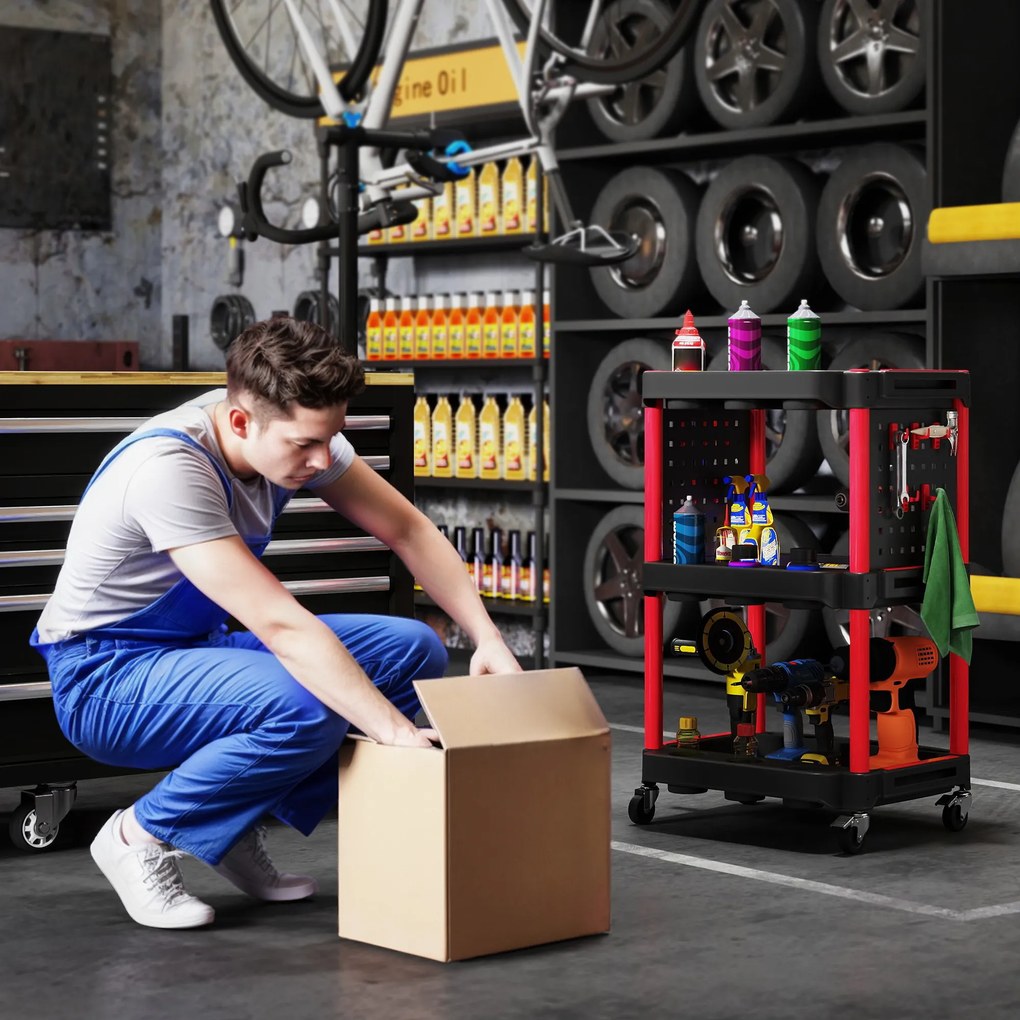 HOMCOM Wózek narzędziowy, trzy poziomy półek, 4 koła, plastik, 10 haków, Czerwony