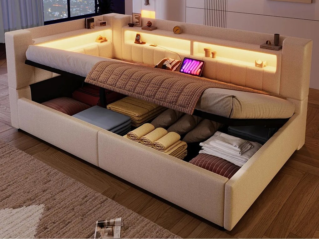 Rozkładana sofa z pojemnikiem 90 x 200 cm - z portem USB Type-C - z oświetleniem LED - beżowy​ (materac nie jest wliczony w cenę)