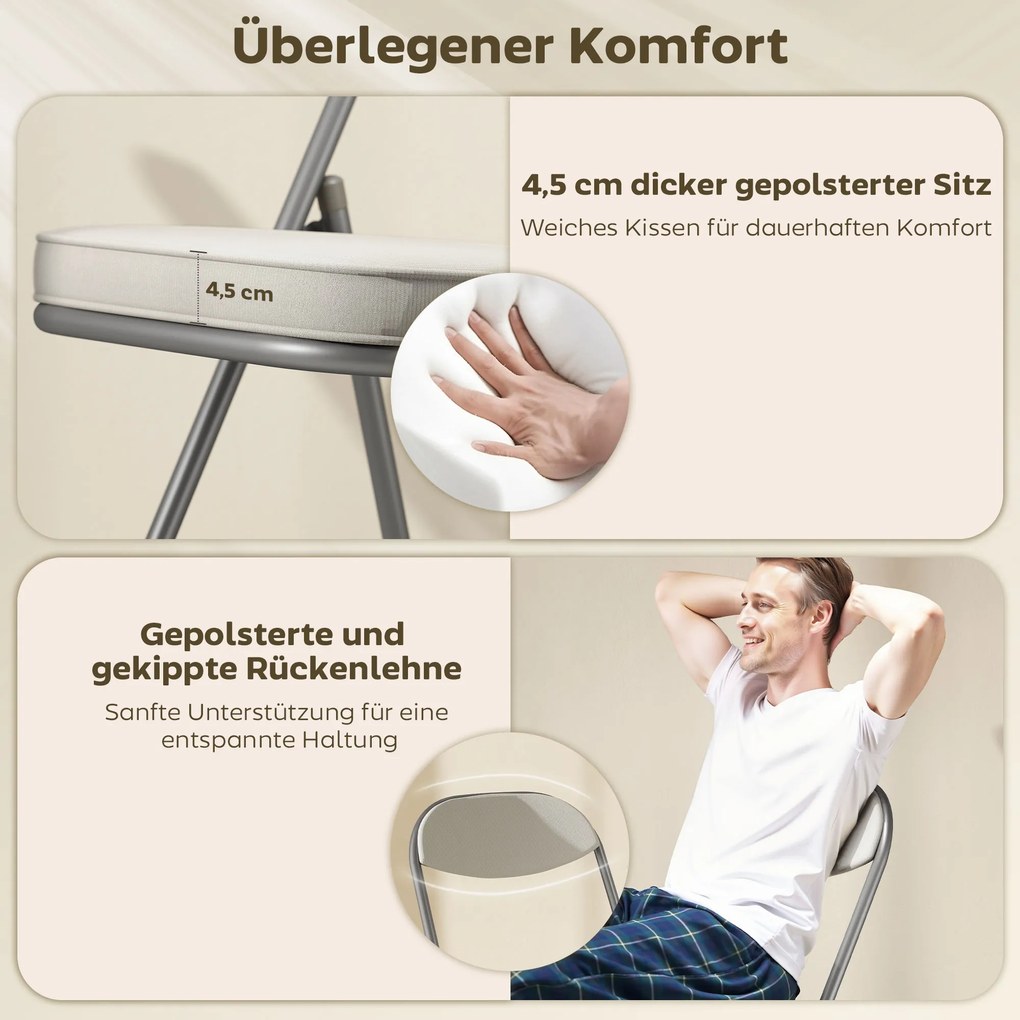 HOMCOM Zestaw 4 Wyściełanych Krzeseł Składanych, Foteliki z Pokryciem Sztruksowym, Oparcie, Stalowe Ramię, Kremowy