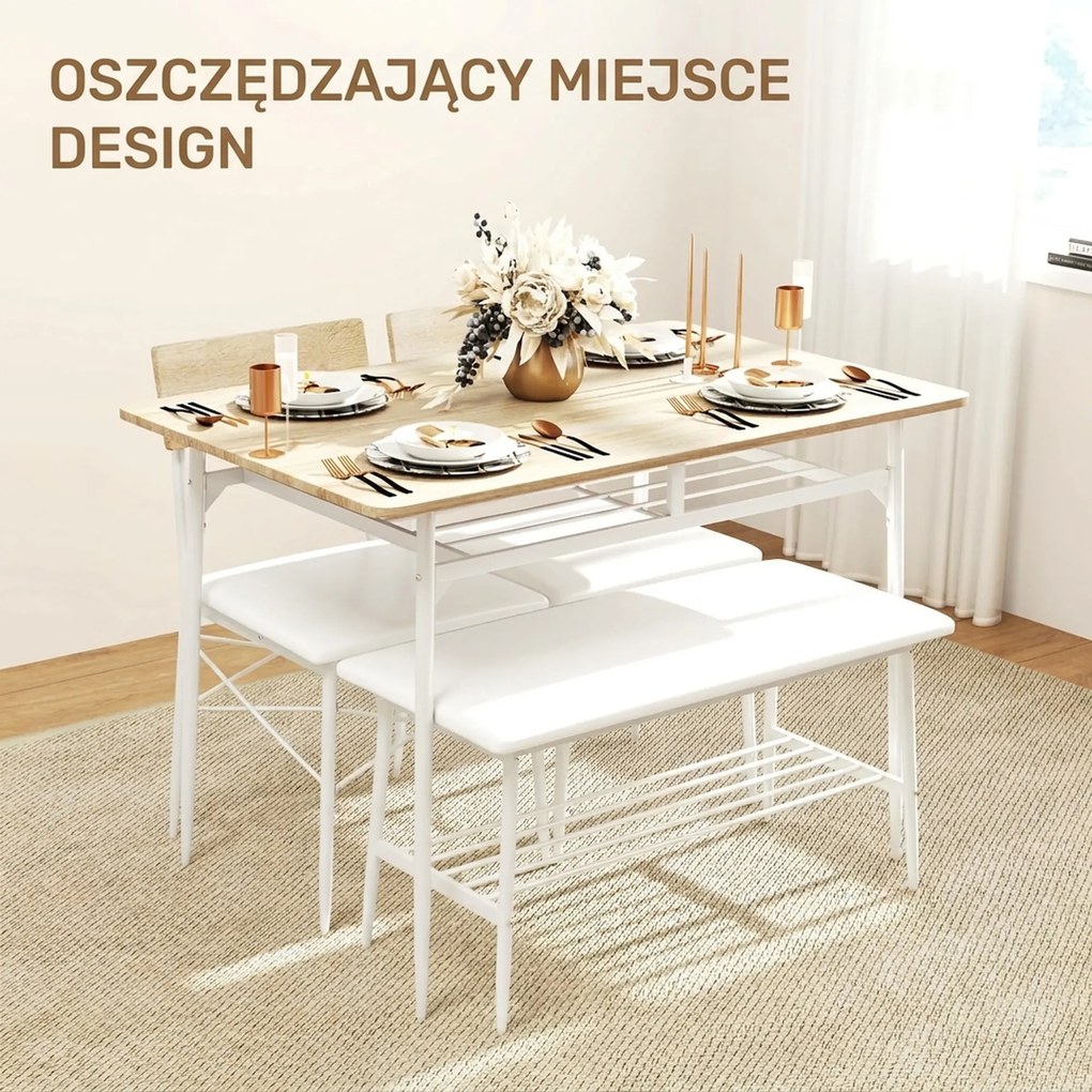 HOMCOM 4-częściowy zestaw stołowy z krzesłami i ławką na 4 osoby, siedzenia tapicerowane, stalowy stelaż, drewno, Biały