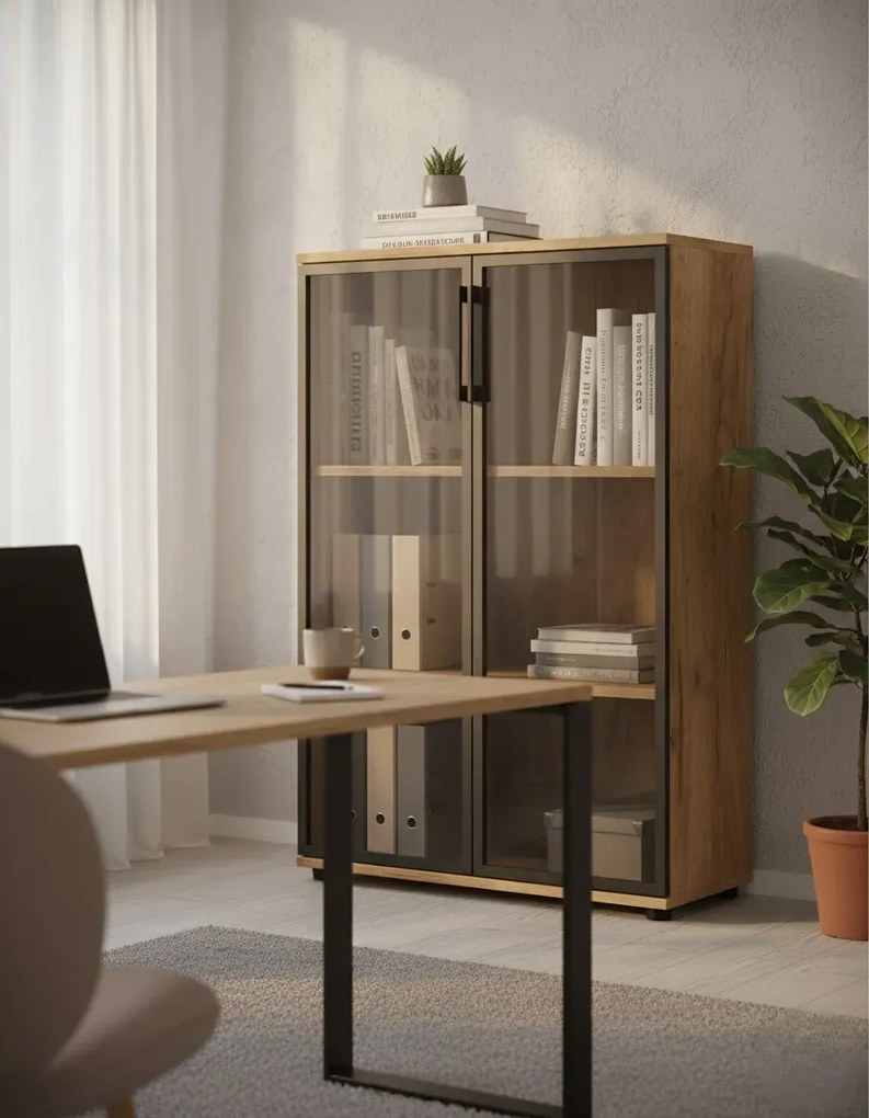 Niski regał biurowy z przeszklonymi drzwiczkami dąb craft G1-M73