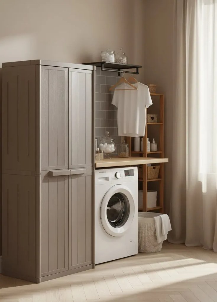 Brązowa szafa gospodarcza dwudrzwiowa z 4 półkami L6-N88