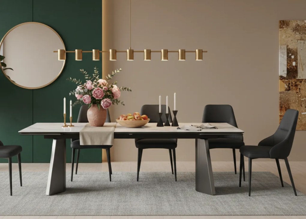Nowoczesny stół rozkładany Nexus o wymiarach 200(280)×90 cm zachwyca eleganckim blatem z masy ceramicznej i solidną podstawą ze stali szczotkowanej. Styl, trwałość i funkcjonalność w jednym – idealny do jadalni i salonu.