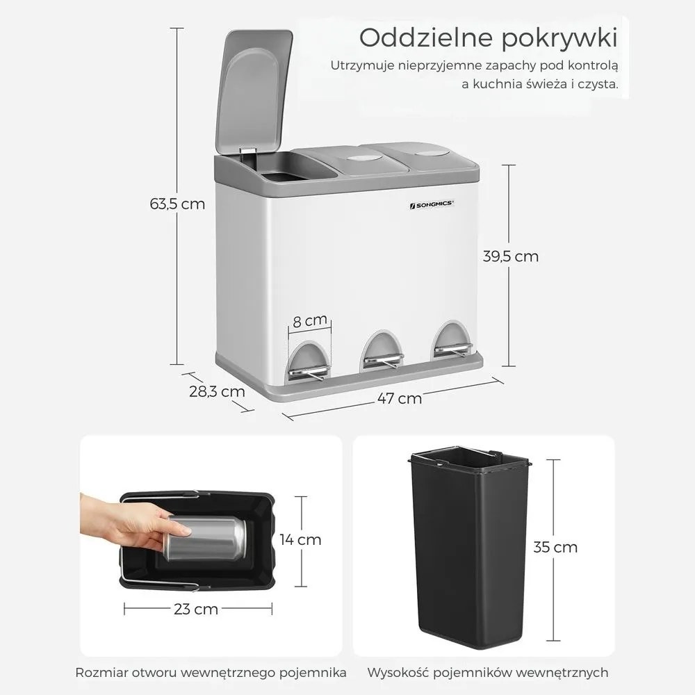 Kosz do segregacji odpadów SORT, 24l (3x8l), szara/biała SongmicsHome