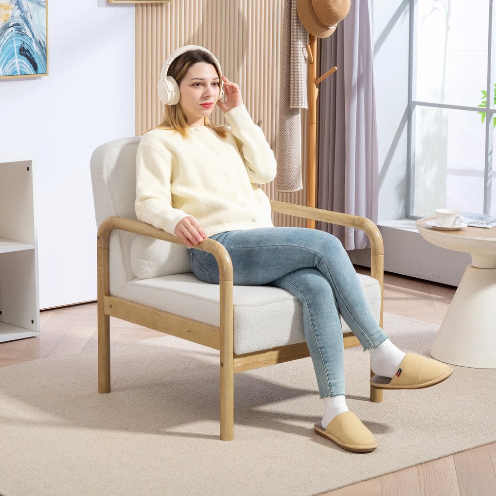 HOMCOM Fotel Akcentowy, Tapicerowany Fotel z Tkaniny, Rama z Drewna Kauczukowego, Nowoczesny Fotel z Poduszką, Biały