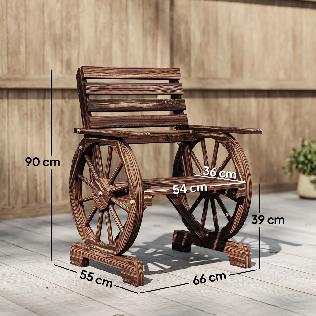 Outsunny Krzesło ogrodowe drewniane fotel ogrodowy w stylu koła wozu, krzesło drewniane w stylu wiejskim Zwęglony | Aosom PL