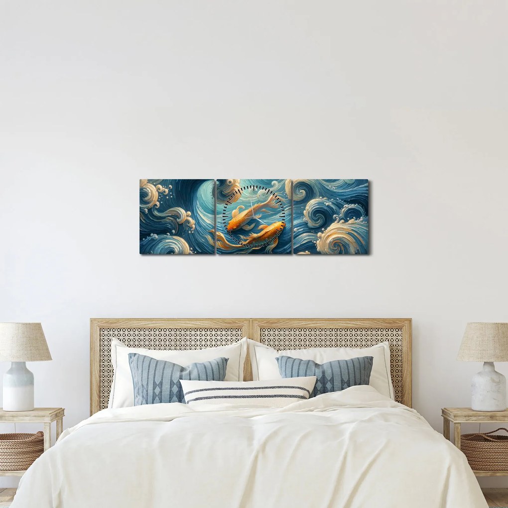 Obraz - Złote rybki (z zegarem) (90x30 cm)