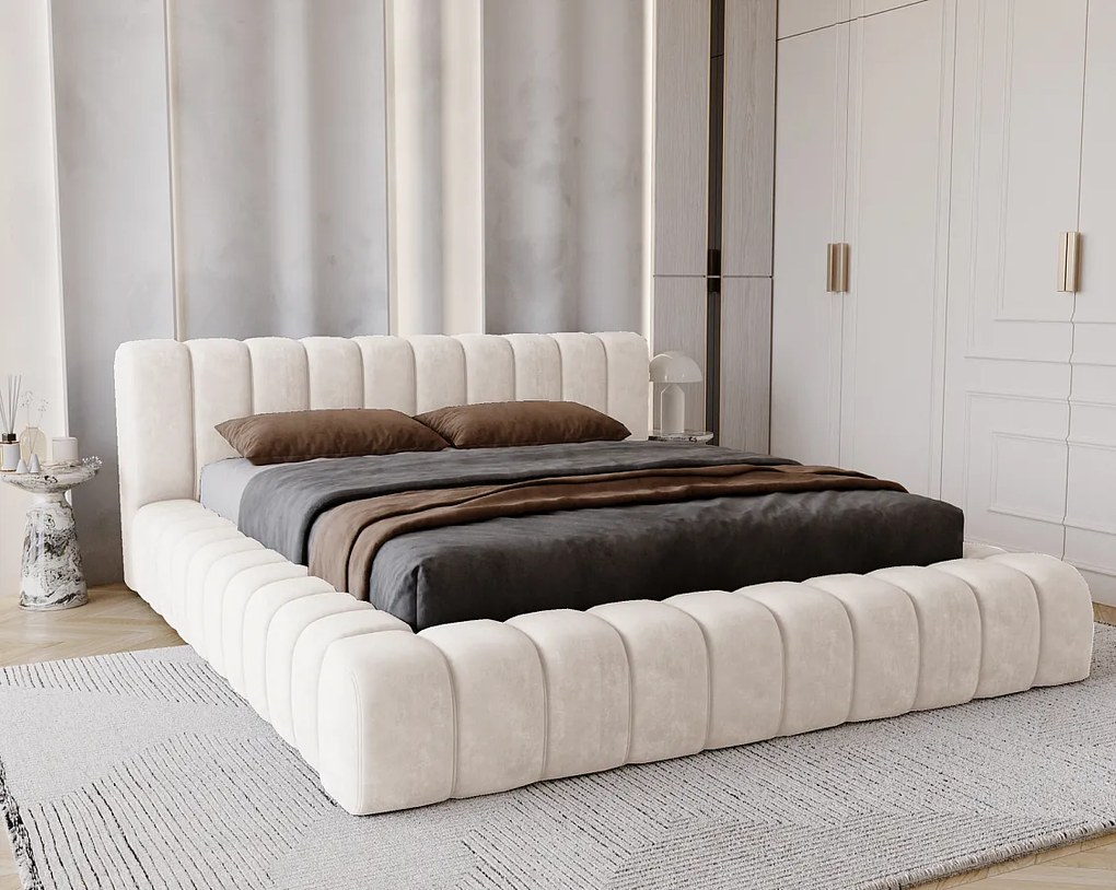 Emporius Como łóżko z pojemnikiem do sypialni - łózko tapicerowane 160x200, nowoczesny styl - duże łózko, gruba pianka - tkanina velvet, kremowy (Whisper 1)