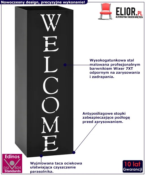 Czarny metalowy parasolnik z napisami Brefix 9X