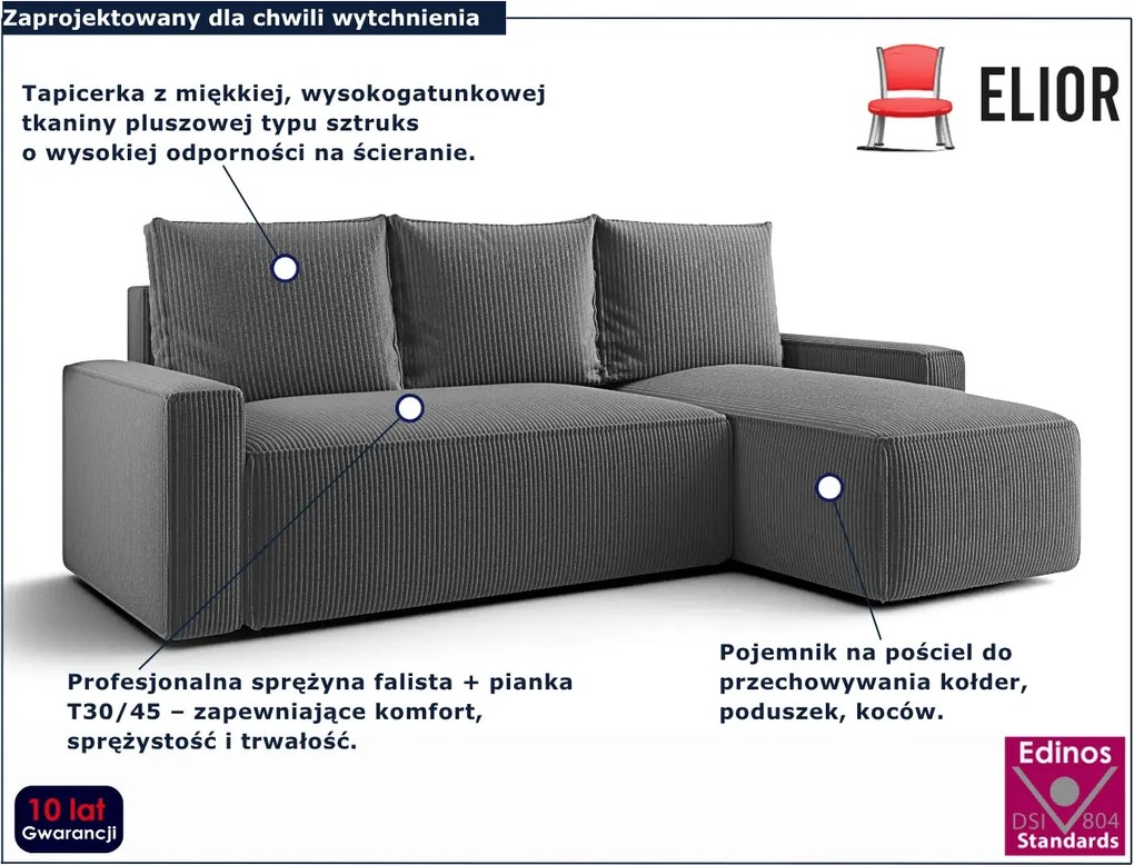 Szary sztruksowy narożnik rozkładany z pojemnikiem H3-A09