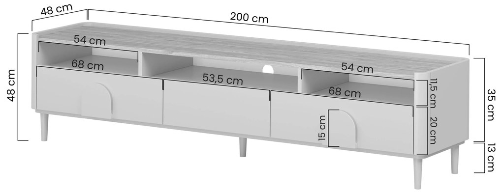 Szafka RTV Amilio 200 cm z szufladami na nóżkach - eukaliptus / dąb baltic dune / uchwyty dąb naturalny