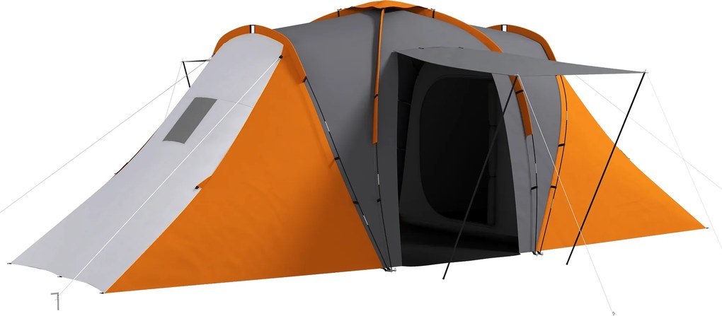 Outsunny Namiot tunelowy, wodoodporny 2000mm, namiot kempingowy dla 4-6 osób, z 2 sypialniami i przestrzenią mieszkalną, torba transportowa, szary+pomarańczowy | Aosom PL
